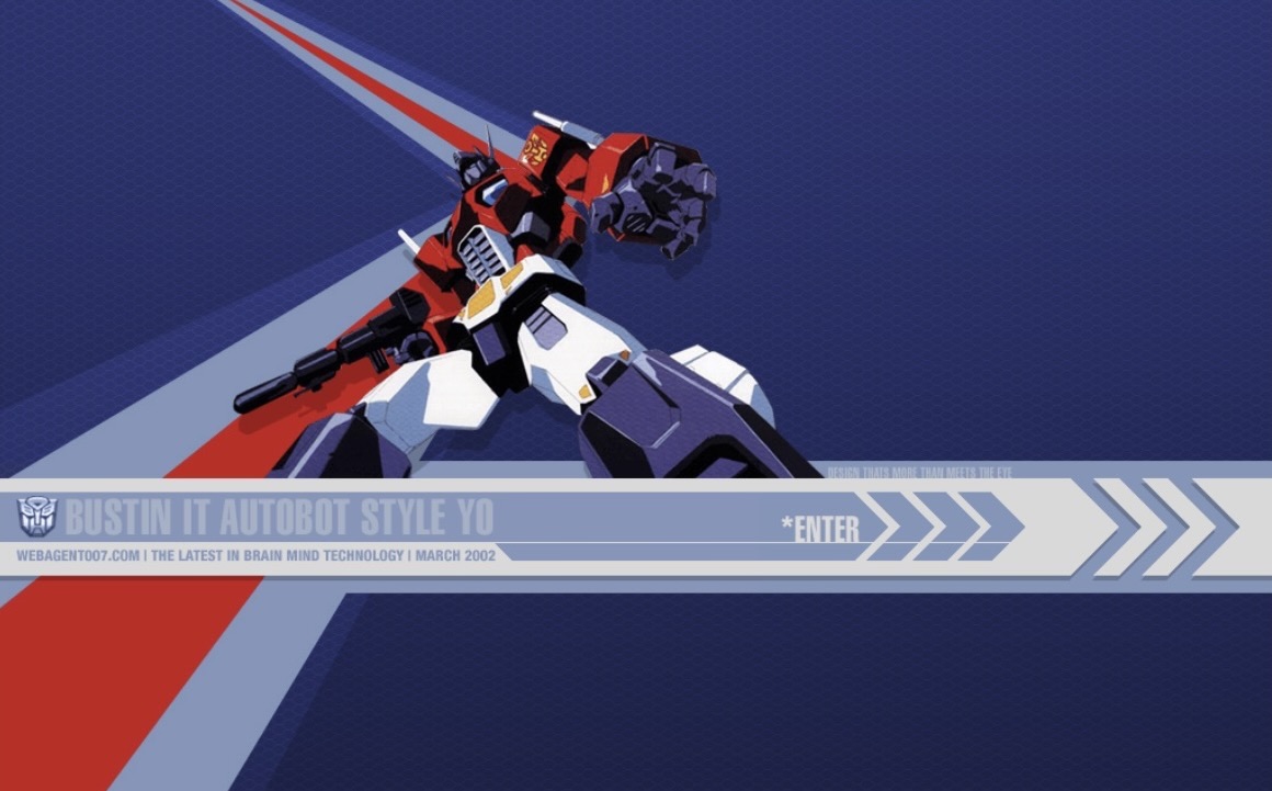 Webagent 007 splash page, 2002 — Transformers illustration on deep navy with the text Bustin It Autobot Style Yo and an Enter prompt